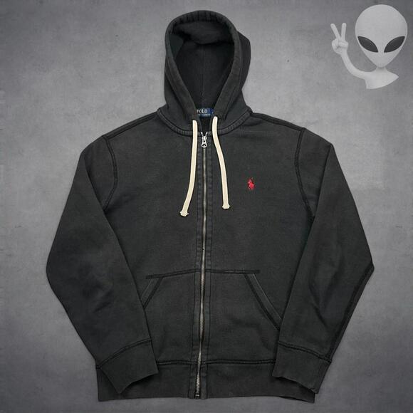 Polo Ralph Lauren Full Zip Hoodie Medium Black Fleece Classic Jacket Red Pony - Picture 4 of 8